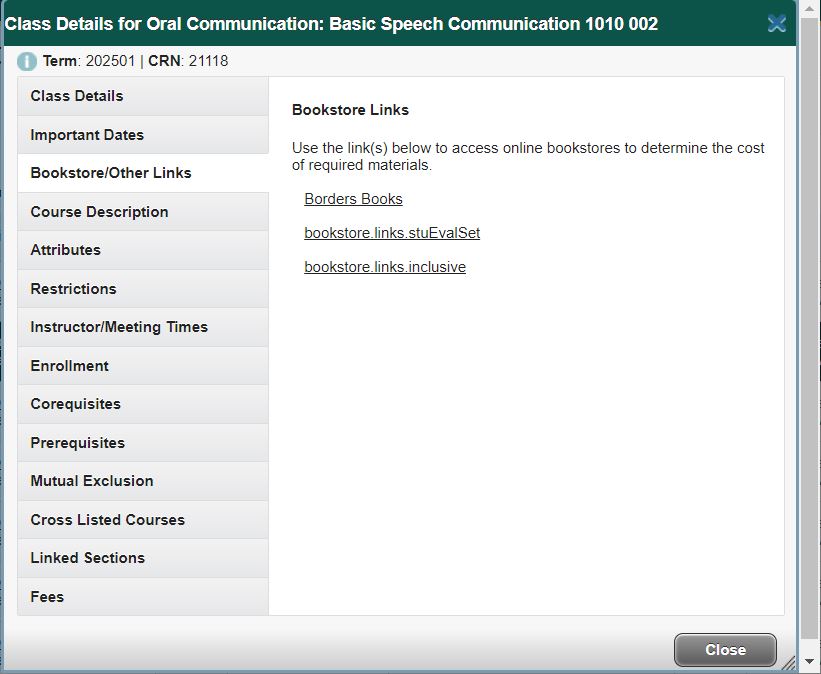 Class Details Bookstore and Other Links tab