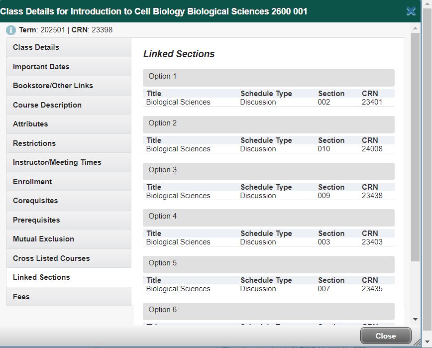 Class Details Panel Linked Sections tab