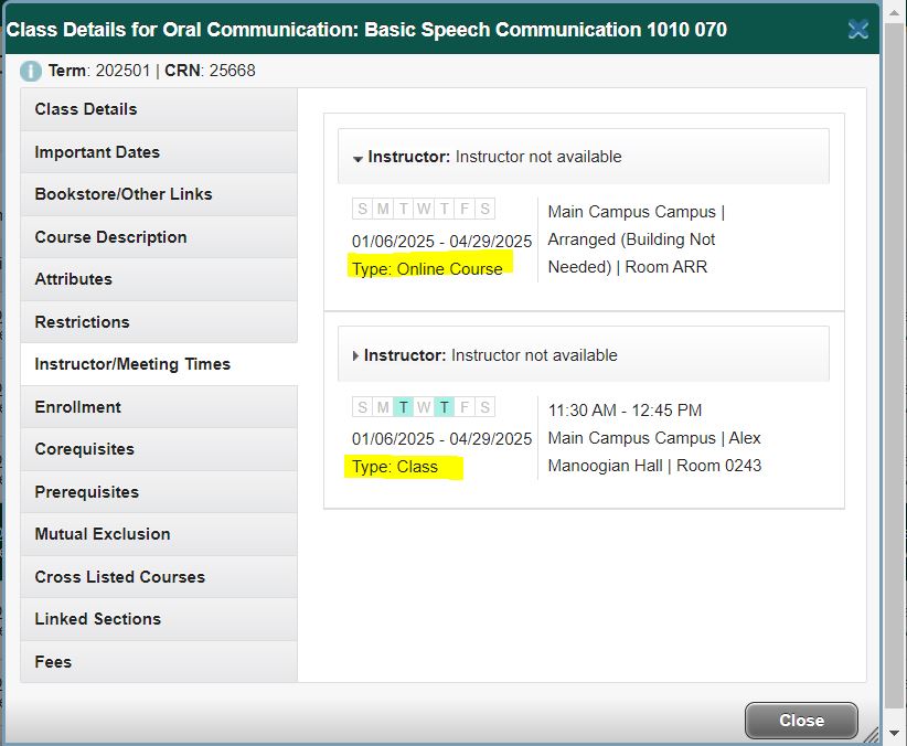 Class Details panel Instructor/Meeting Times tab